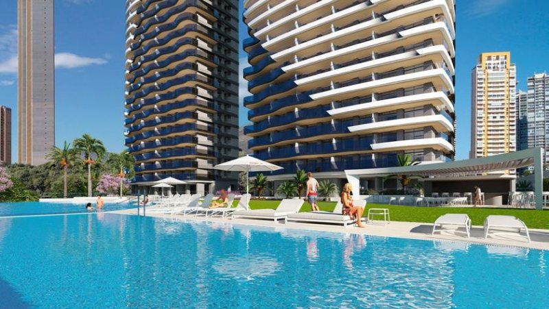 Benidorm Wohnungen mit 1 Schlafzimmer, 1 Bad, Klimaanlage, Fußbodenheizung in Bädern, Kfz-Stellplatz und Meerblick nur 100 m vom Strand