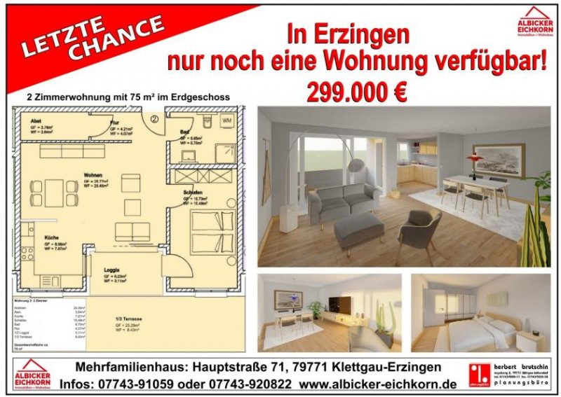 Klettgau 2 Zi. EG mit Terrasse ca. 75 m² - Wohnung 2 - Hauptstr. 71, 79771 Klettgau-Erzingen - Neubau Wohnung kaufen