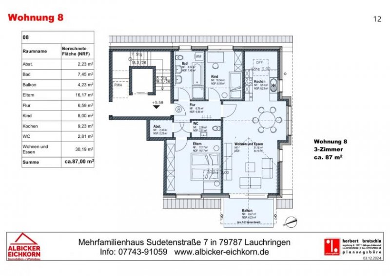 Lauchringen 3 Zi. DG mit Balkon ca.87 m² - Wohnung 8 - Sudetenstr. 7, 79787 Lauchringen - Neubau Wohnung kaufen