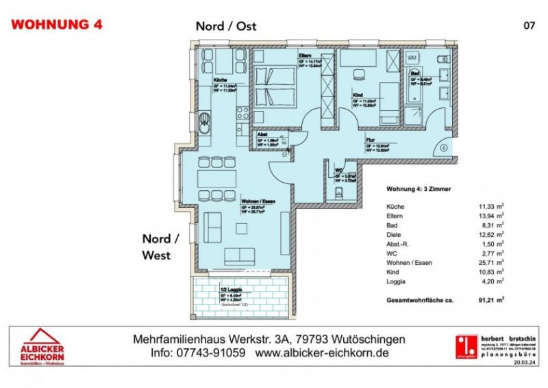 Wutöschingen 3 Zi. OG mit Balkon ca. 91 m² - Wohnung 4 - Werkstraße 3a, 79793 Wutöschingen - Neubau Wohnung kaufen