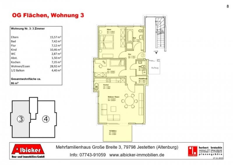 Jestetten 3 Zimmerwohnung OG mit Balkon ca. 86 m² mit Lift, Klimafreundlicher Neubau- Jestetten Altenburg Wohnung kaufen