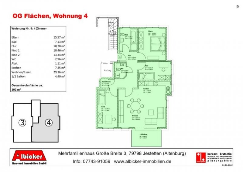 Jestetten 4 Zimmerwohnung OG mit Balkon ca. 102 m² mit Lift, Klimafreundlicher Neubau- Jestetten Altenburg Wohnung kaufen