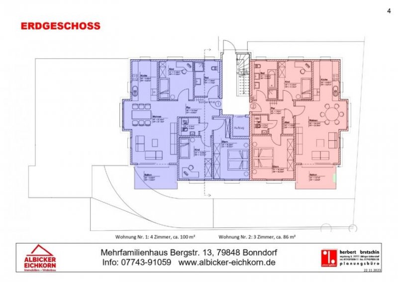 Bonndorf im Schwarzwald 3 Zi. EG mit Balkon ca. 86 m² - Wohnung 2 - Bergstr. 13, 79848 Bonndorf-Neubau mit Lift-klimafreundlich KFN-KFW297+298 Wohnung