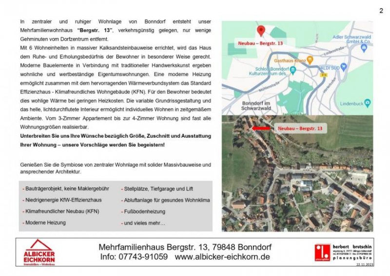 Bonndorf im Schwarzwald 3 Zi. EG mit Balkon ca. 86 m² - Wohnung 2 - Bergstr. 13, 79848 Bonndorf-Neubau mit Lift-klimafreundlich KFN-KFW297+298 Wohnung