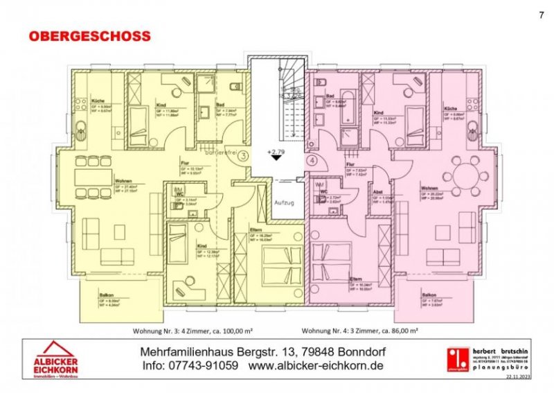 Bonndorf im Schwarzwald 3 Zi. OG mit Balkon ca. 86 m² - Wohnung 4 - Bergstr. 13, 79848 Bonndorf-Neubau mit Lift-klimafreundlich KFN-KFW297+298 Wohnung