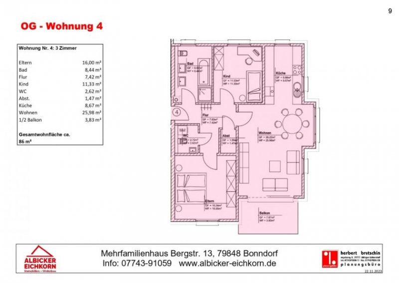 Bonndorf im Schwarzwald 3 Zi. OG mit Balkon ca. 86 m² - Wohnung 4 - Bergstr. 13, 79848 Bonndorf-Neubau mit Lift-klimafreundlich KFN-KFW297+298 Wohnung