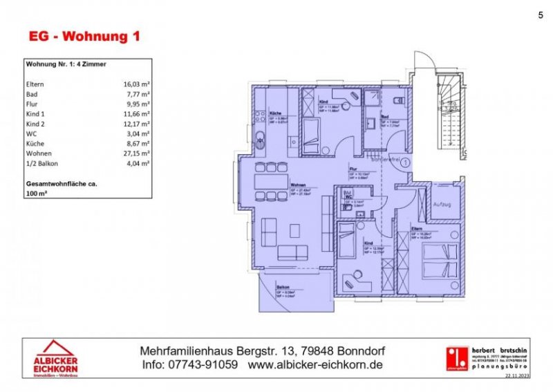 Bonndorf im Schwarzwald 4 Zi. EG mit Balkon ca. 100 m² - Wohnung 1 - Bergstr. 13, 79848 Bonndorf-Neubau mit Lift-klimafreundlich KFW-KFN 297+298 kaufen