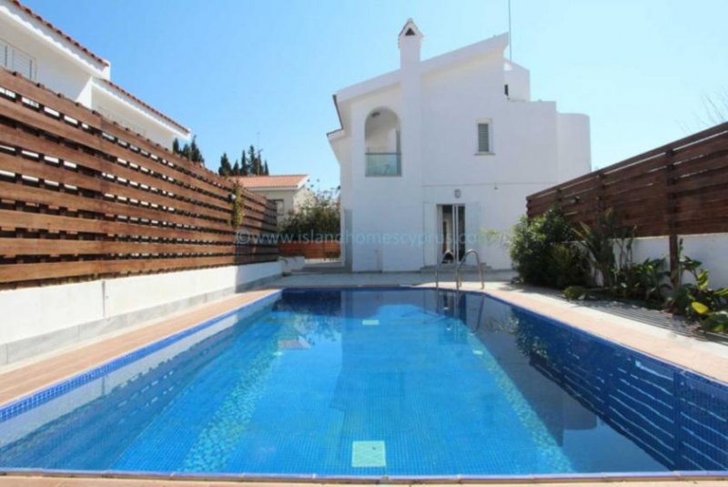 Protaras Sublime 3 bedroom, 2 bathroom detached villa with TITLE DEEDS, sea views and HEATED SWIMMING POOL and SAUNA in exclusive area of