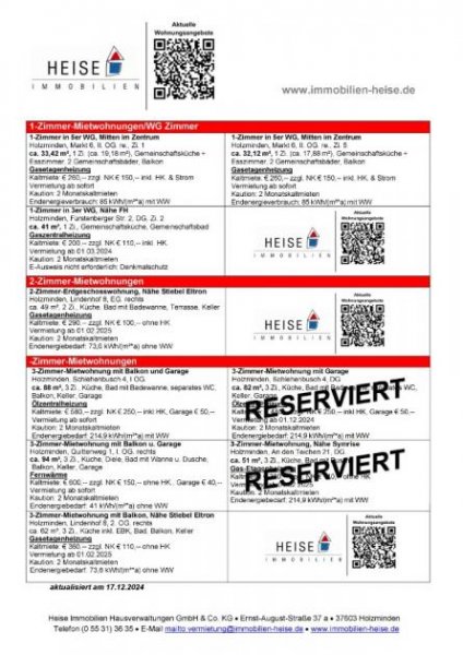 Holzminden *** UPDATE *** 17.12.2024 *** Aktuelle Mietübersicht *** Heise Immobilien Holzminden Wohnung mieten