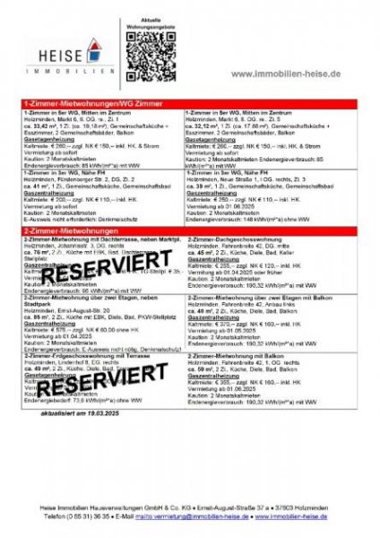 Holzminden *** UPDATE *** 19.03.2025 *** Aktuelle Mietübersicht *** Heise Immobilien Holzminden Wohnung mieten