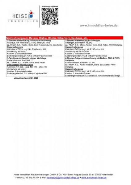 Holzminden *** UPDATE *** 20.01.2026 *** Aktuelle Mietübersicht *** Heise Immobilien Holzminden Wohnung mieten
