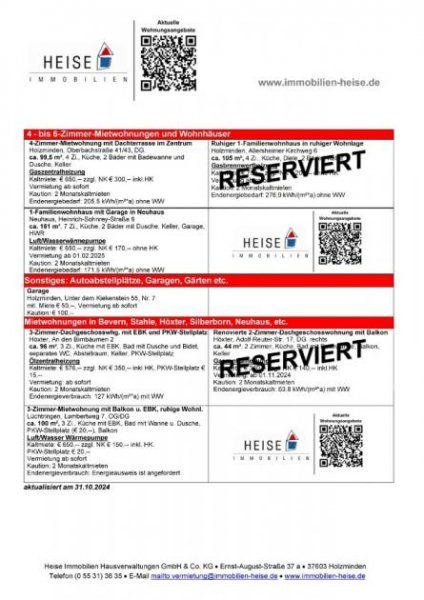 Holzminden *** UPDATE *** 23.10.2024 *** Aktuelle Mietübersicht *** Heise Immobilien Holzminden Wohnung mieten