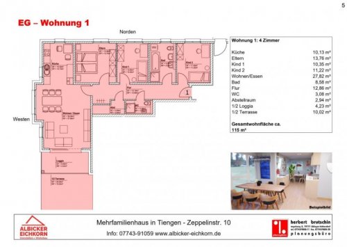 Waldshut-Tiengen 4-Zimmer Wohnung 4 Zi. EG mit Terrasse ca. 115 m² - Wohnung 1 - Zeppelinstr. 10, 79761 Waldshut-Tiengen - Neubau Wohnung kaufen