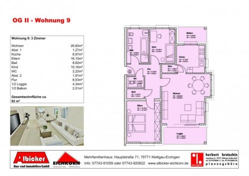 Klettgau Inserate von Wohnungen 3 Zi. 2. OG mit Loggia + Balkon ca. 92 m² - Wohnung 9 - Hauptstr. 71, 79771 Klettgau-Erzingen - Neubau Wohnung kaufen