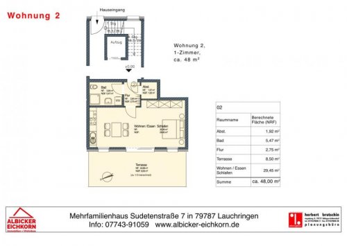 Lauchringen Wohnungen im Erdgeschoss 1 Zi. EG mit Terrasse ca. 48 m² - Wohnung 2 - Sudetenstr. 7, 79787 Lauchringen - Neubau Wohnung kaufen