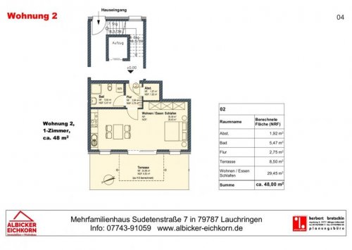 Lauchringen Immobilien 1 Zi. EG mit Terrasse ca. 48 m² - Wohnung 2 - Sudetenstr. 7, 79787 Lauchringen - Neubau Wohnung kaufen