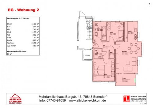 Bonndorf im Schwarzwald Neubau Wohnungen 3 Zi. EG mit Balkon ca. 86 m² - Wohnung 2 - Bergstr. 13, 79848 Bonndorf-Neubau mit Lift-klimafreundlich KFN-KFW297+298 Wohnung