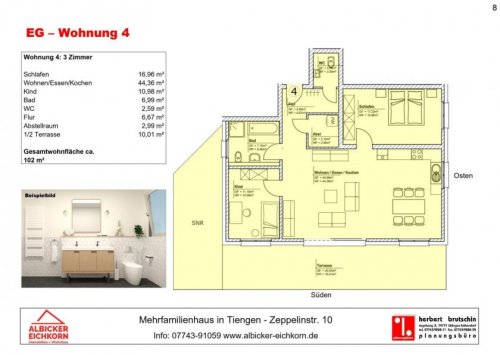 Waldshut-Tiengen Immobilien Erstbezug Tiengen-3,5 Zi. Erdgeschosswohnung mit Terrasse ca. 102 m² in toller Lage zum 1.7.25 zu vermieten Wohnung mieten